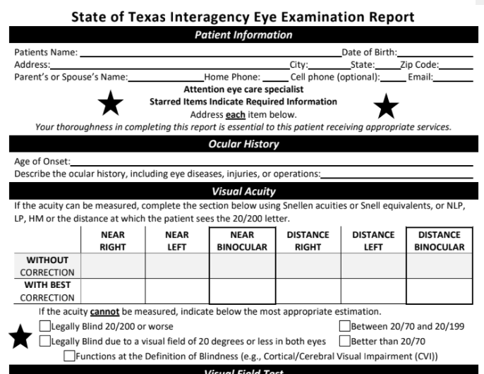 small picture of eye exam form